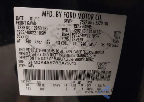 2011 Ford Edge Sport from USA, damaged, VIN 2FMDK4AK7BBA75813